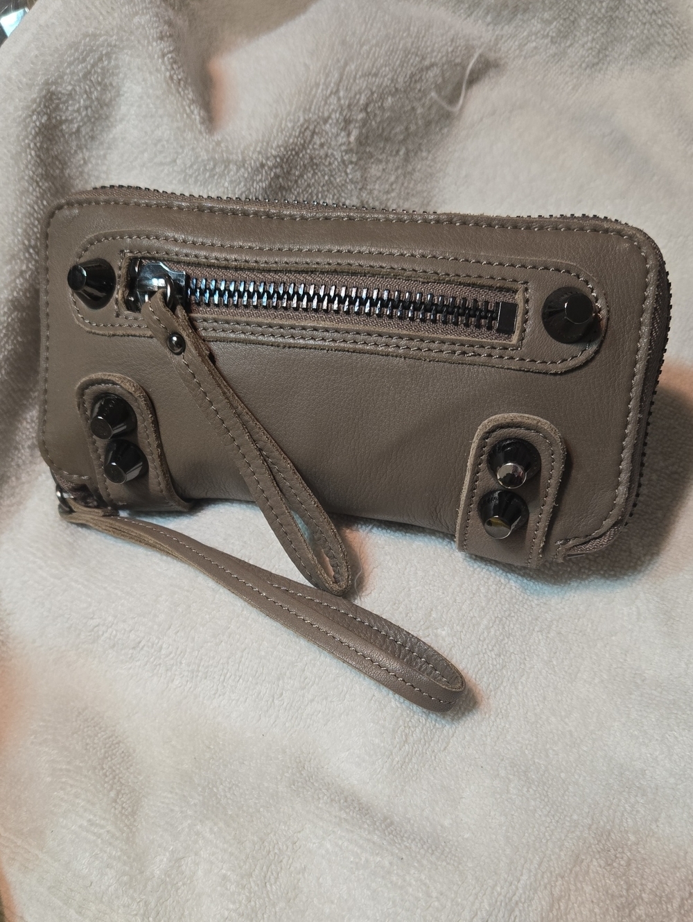 Linea Pelle Taupe Leather Wristlet Wallet with Gunmetal Accents